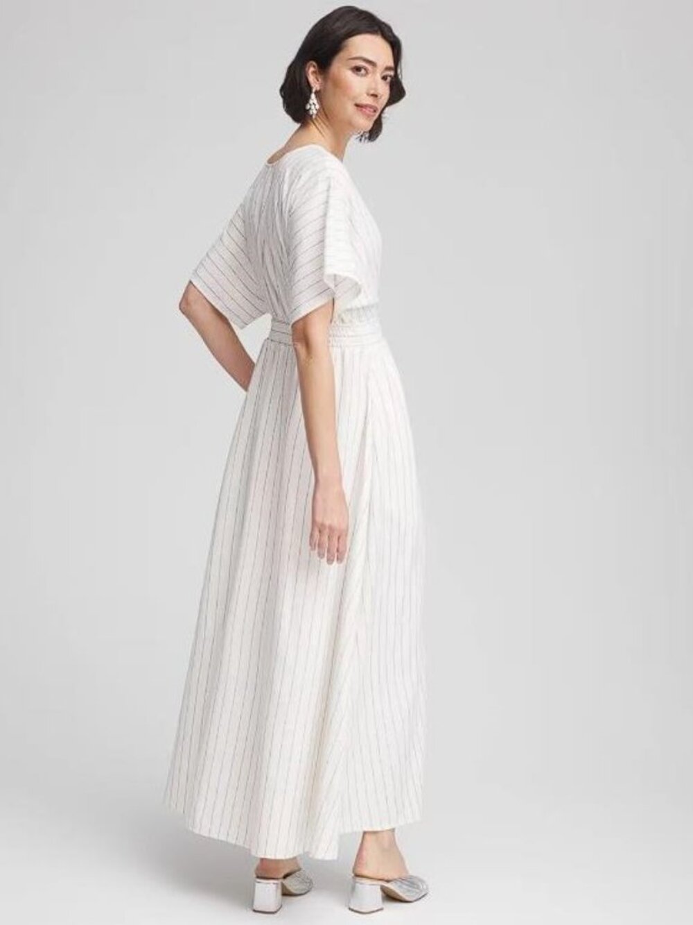 CHICO'S Women's Metallic Striped Maxi Dress Size 2 In Ecru - Picture 2 of 9
